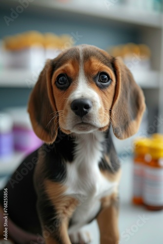 A beagle puppy sitting on a table in front of a pharmacy. Generative AI.