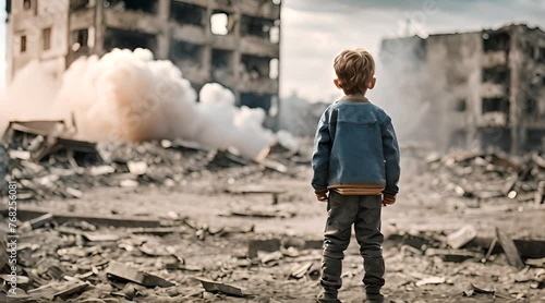 Desperate Poor Afraid Child Standing in The Middle of War Zone Deserted Demolished City Buildings Burning in the Background photo