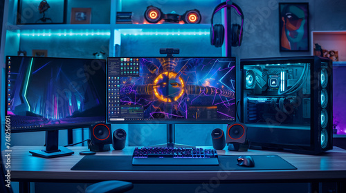 Neon-lit gaming setup with triple monitors and a high-end PC, vibrant cyber theme