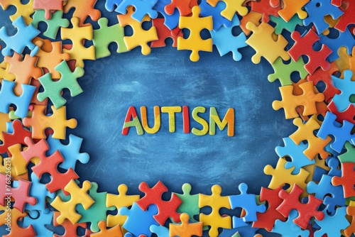 Colorful puzzle pieces frame and word Autism on wooden background. World autism awareness day concept. Top view