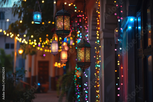 Lanterns and Festive Lights Adorning Street