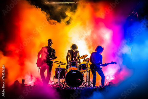 A band of three musicians playing instruments in front of a colorful smoke backdrop.