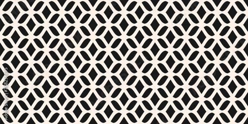 Elegant vector mesh seamless pattern. Abstract minimal background with curved lines, wavy shapes, diamonds, leaves. Monochrome texture of grid, lace, weaving, net, lattice. Black and white ornament