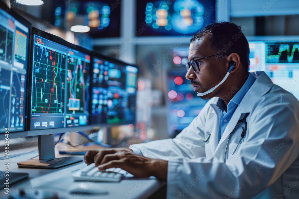 Scientist Analyzing Data on Multiple Screens Scientist Analyzing Data on Multiple Screens