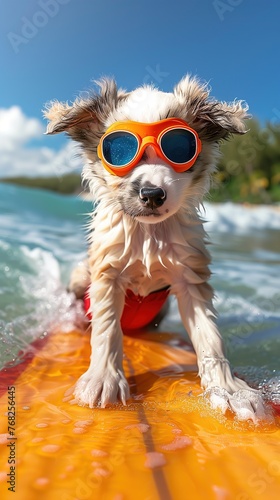 Dog Wearing Goggles Riding Surfboard in Ocean © Jelena