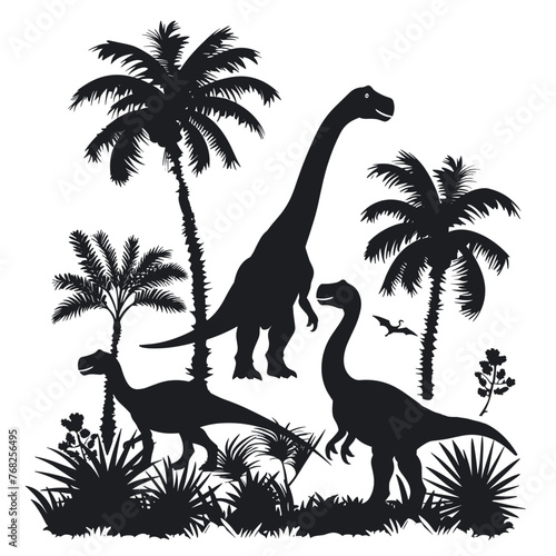 Silhouette of dinosaurs and palm trees on a white background.