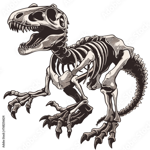 Dinosaur skeleton. Black and white engraved ink art. Vector illustration. © viklyaha