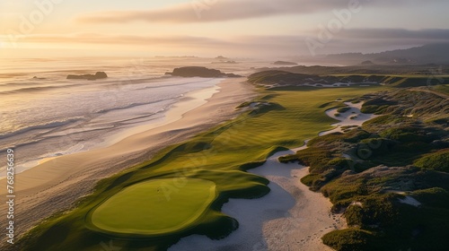 a golf course on the beach with a view of the ocean