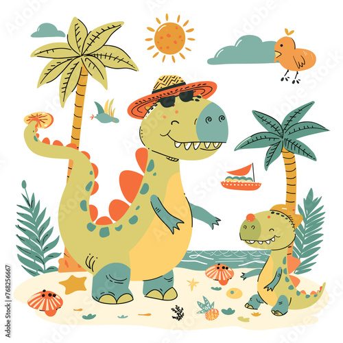 Cute cartoon dinosaurs and palm trees on the beach. Vector illustration.