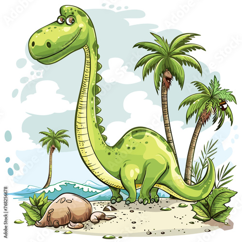 Illustration of a green dinosaur on a island with palm trees and coconut © viklyaha