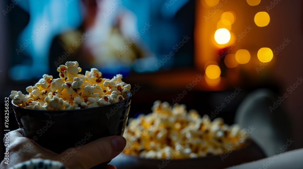 a person holding a bowl of popcorn in front of a television screen with a blurry background a person holding a bowl of popcorn in front of a television screen with a blurry background