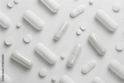 Various white pills and capsules in close-up, symbolizing pharmaceutical health and treatment. Concept Medication, Pharmaceutical Industry, Healthcare, Close-up Photography, Pills and Capsules