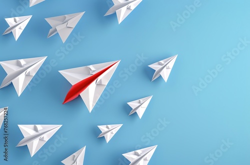 a red paper airplane surrounded by white paper airplanes on a blue background