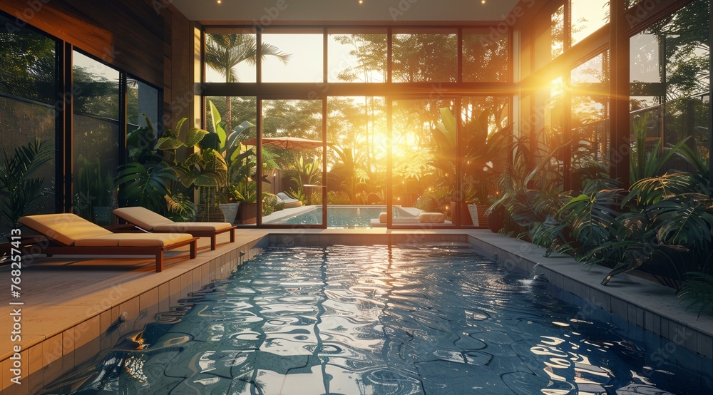 a swimming pool with a sun shining through the windows