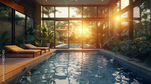 a swimming pool with a sun shining through the windows