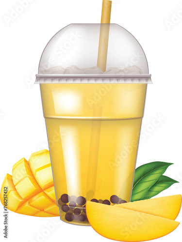 Plastic cup of bubble tea with fresh mango and green leaves isolated on white background. Photo- realistic vector illustration.