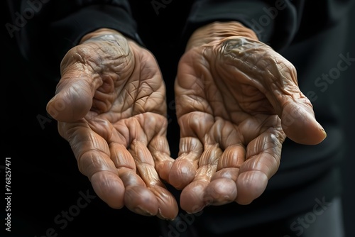 Closeup of a persons hands showing signs of arthritis with fingers bent and limited mobility. Concept Closeup, Hands, Arthritis, Limited mobility, Fingers bent