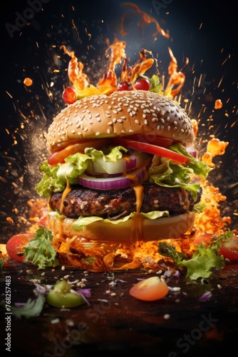 burger floating in the air, cinematic, food professional photography, studio lighting, modern restaurant background, michellin star, splash fire - generative ai photo