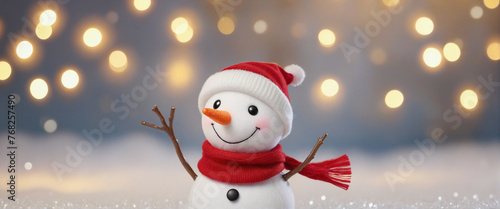 Christmas banner with snowman doll in a red scarf and a hat and Bokeh light, High-quality banner © Random_Mentalist
