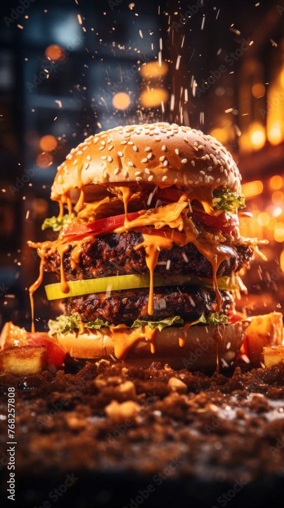 burger floating in the air, cinematic, food professional photography, studio lighting, modern restaurant background, michellin star, splash fire - generative ai