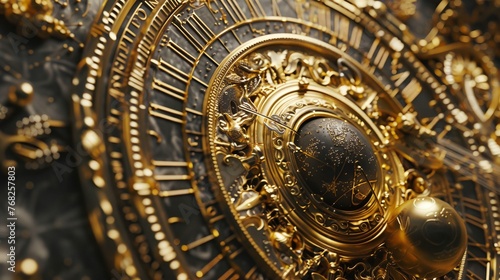 a close up of a gold clock face