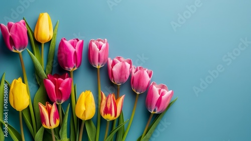 Closeup of colorful blooming tulip flowers in spring on blue background. Mother's Day, Valentines, Anniversary, Easter, Birthday #768258006