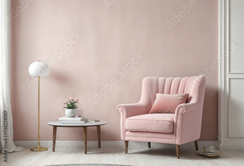 Light pink armchair on an empty light wall backdrop, cizy room photo