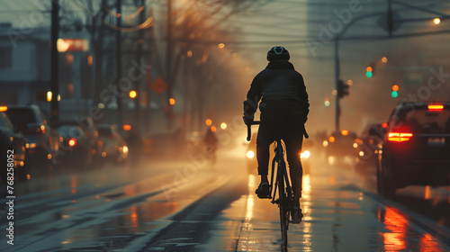 A cyclist riding on a wet street at sunset.