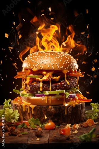 burger floating in the air, cinematic, food professional photography, studio lighting, modern restaurant background, michellin star, splash fire - generative ai