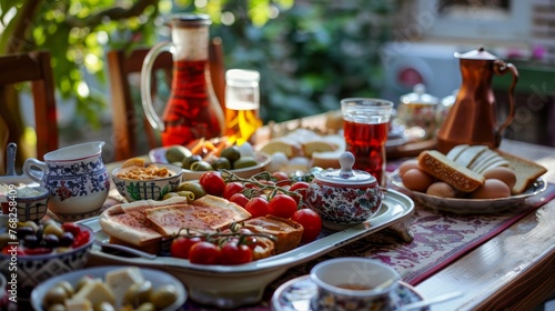 Delicious rich Traditional Turkish breakfast include tomatoes, cucumbers, cheese, butter, eggs, honey, bread, bagels, olives and tea cups. Ramadan Suhoor aka Sahur (morning meal before fasting) photo
