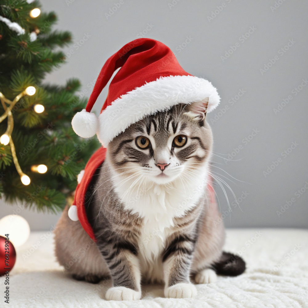 cute Christmas cat in red Santa Claus cap and wearing a Elf's dress cute Christmas cat in red Santa Claus cap and wearing a Elf's dress