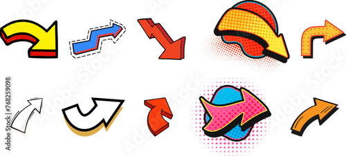 Lightning and thunder bolt comics arrow, cartoon flash. Speed and power, electric charge and thunderbolt energy pop art vintage symbol, comic vector halftone direction arrow pointers set