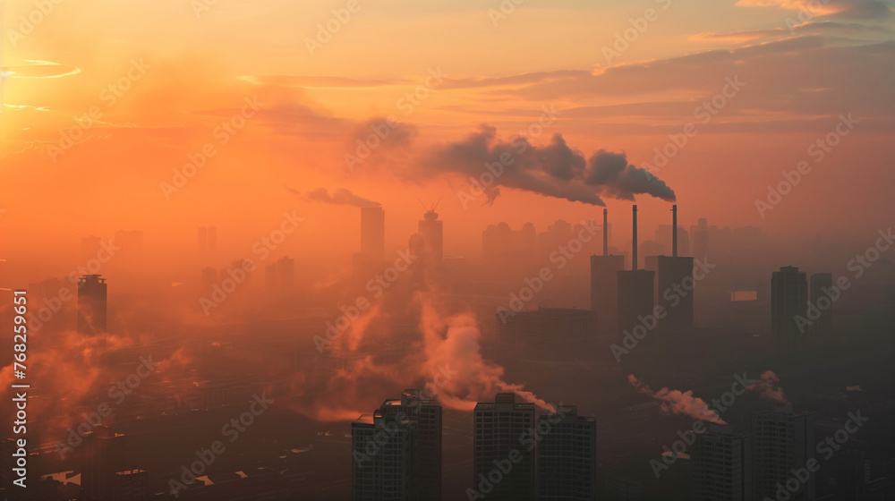 Sunset over industrial cityscape with pollution from smokestacks, ideal for environmental campaigns or educational purposes.