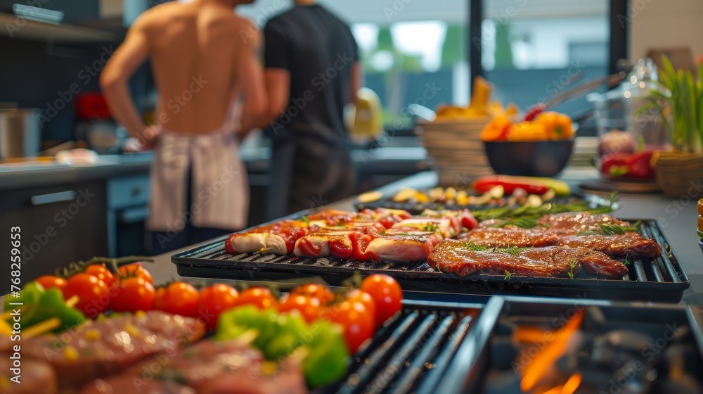 Family or friends prepare barbecue in their kitchen. Assorted delicious barbecue with meat and vegetable 