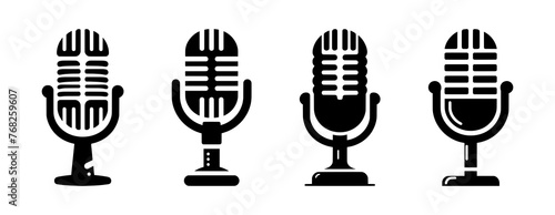 Set of podcast microphone icons isolated on white background – Set of black microphones for podcast logo designs, or decorations