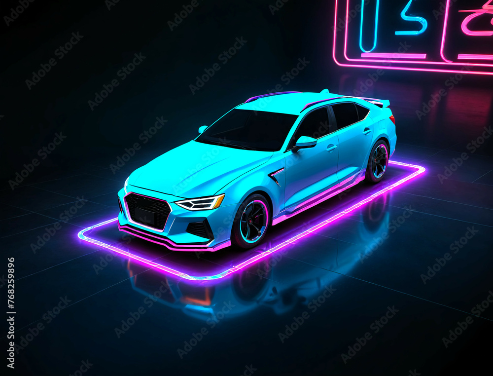 Concept car in retrofuturistic neon style