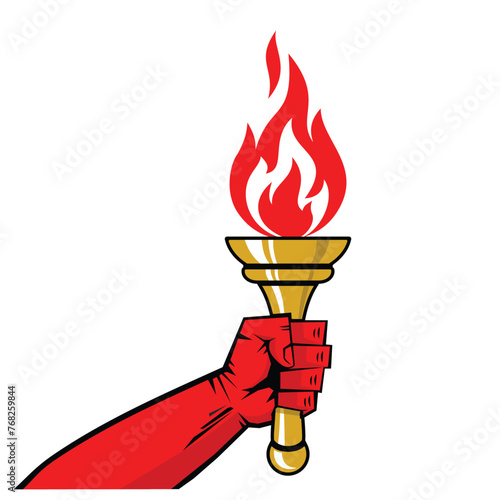 Red hand hold olympic torch. Symbol of Olympic Games, freedom, victory. Vector on transparent background