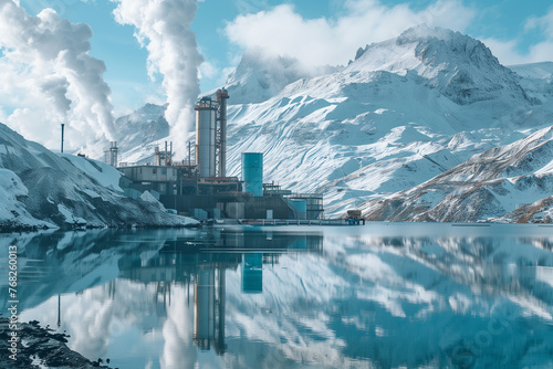 Reflective mountain lake with industrial facility emitting steam against snow-covered peaks, suitable for environmental impact themes and educational content