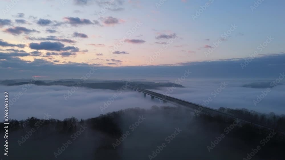 Drone of the highest motorway bridge in Germany over the valley of the river Kocher above the fog Drone of the highest motorway bridge in Germany over the valley of the river Kocher above the fog