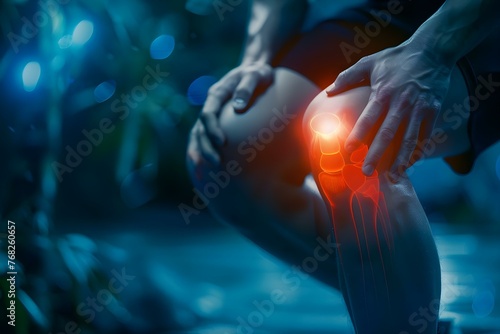 Athlete with knee injury showing signs of joint inflammation and arthritis. Concept Knee Injury, Joint Inflammation, Arthritis, Athlete Recovery, Signs and Symptoms photo