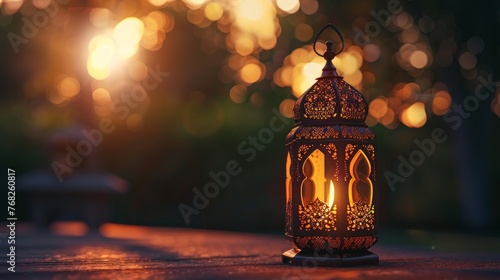 Muslim Holy Month Ramadan Kareem - Ornamental Arabic Lantern With Burning Candle Glowing At Evening --ar 16:9 Job ID: f2449925-1b37-4130-a0b0-c2242865cc2a photo