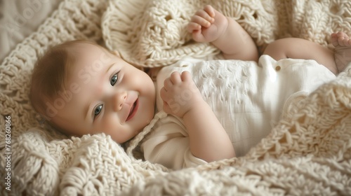 Serene Baby Bliss: A Sweet, Smiling Baby Lying Comfortably in a Cozy, Hand-Knit Blanket, the Soft Lighting Highlighting the Peaceful Expression 