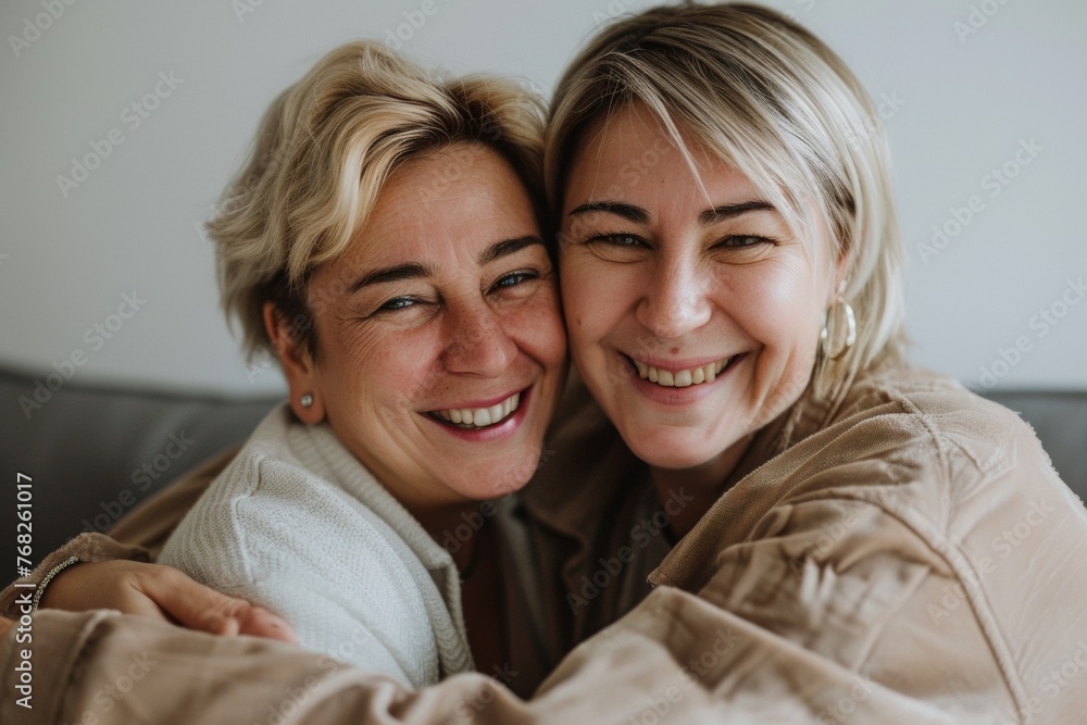 A candid photograph capturing a warm embrace and joyful smiles between a mother and her grown daughter. A candid photograph capturing a warm embrace and joyful smiles between a mother and her grown daughter.