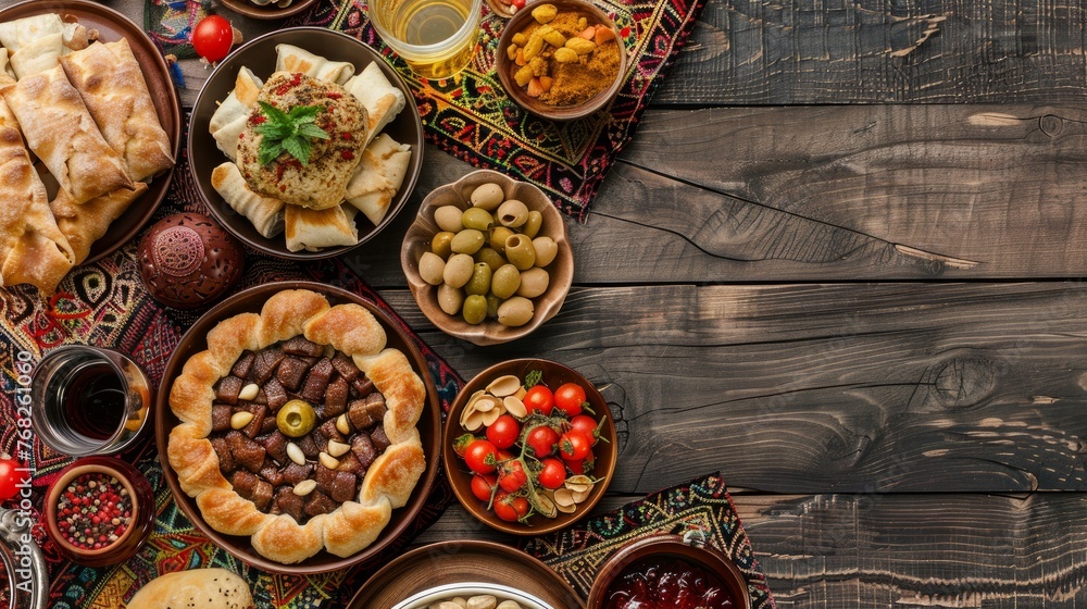 Ramadan pita on the table for suhoor and iftar. Food concept with top view.