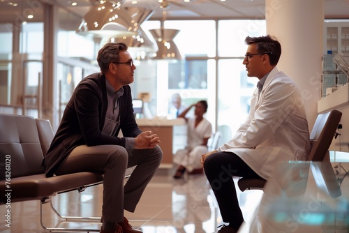 Strategic Health Day Discussion: A Knowledgeable Pharmaceutical Sales Expert Conveys the Value of a New Drug to a Reflective Doctor, Surrounded by the Calm Atmosphere of a Luxurious Medical Facility.