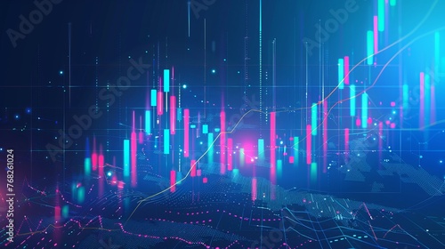 A candlestick graph chart representing stock market investment trading, set against a blue background.