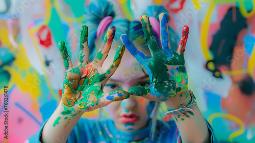 The image depicts a person with their face blurred, hands covered in various colors of paint