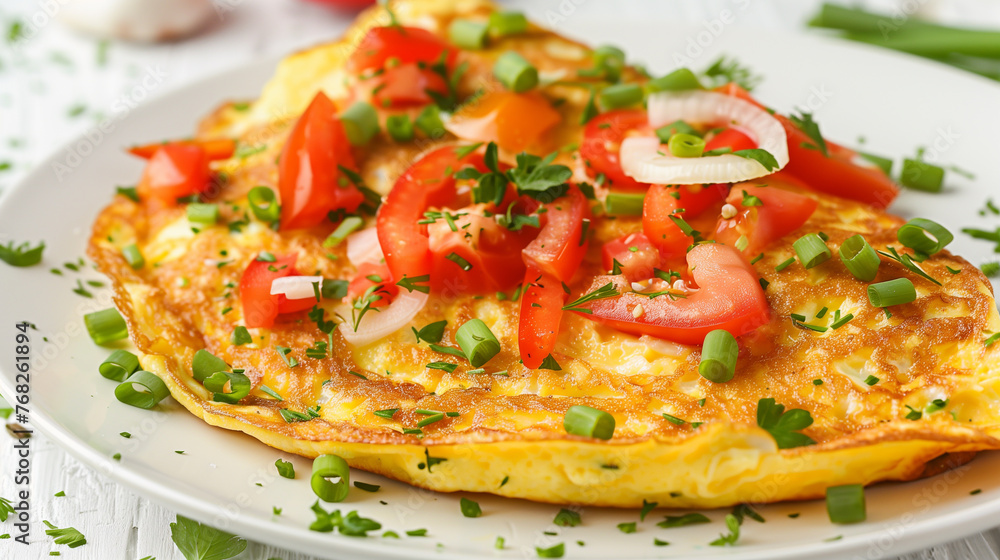 Omelet with tomatoes, onion and parsley on a plate Omelet with tomatoes, onion and parsley on a plate