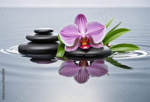 Orchids and spa stones balance on calm water, wall paper