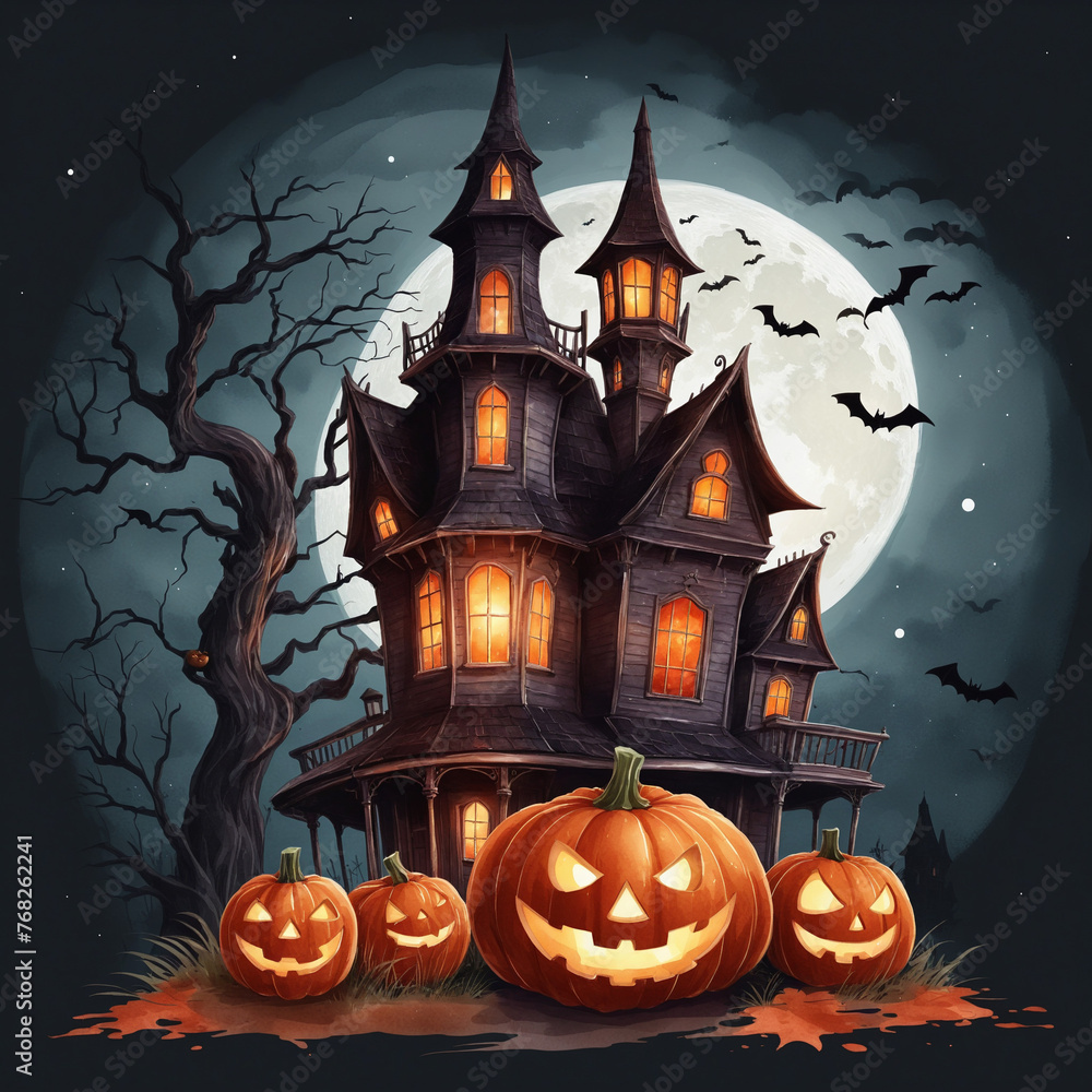 Fototapeta premium Halloween Red haunted house Spooky Night watercolor style isolated on Transparent background, Halloween dark house pumpkins